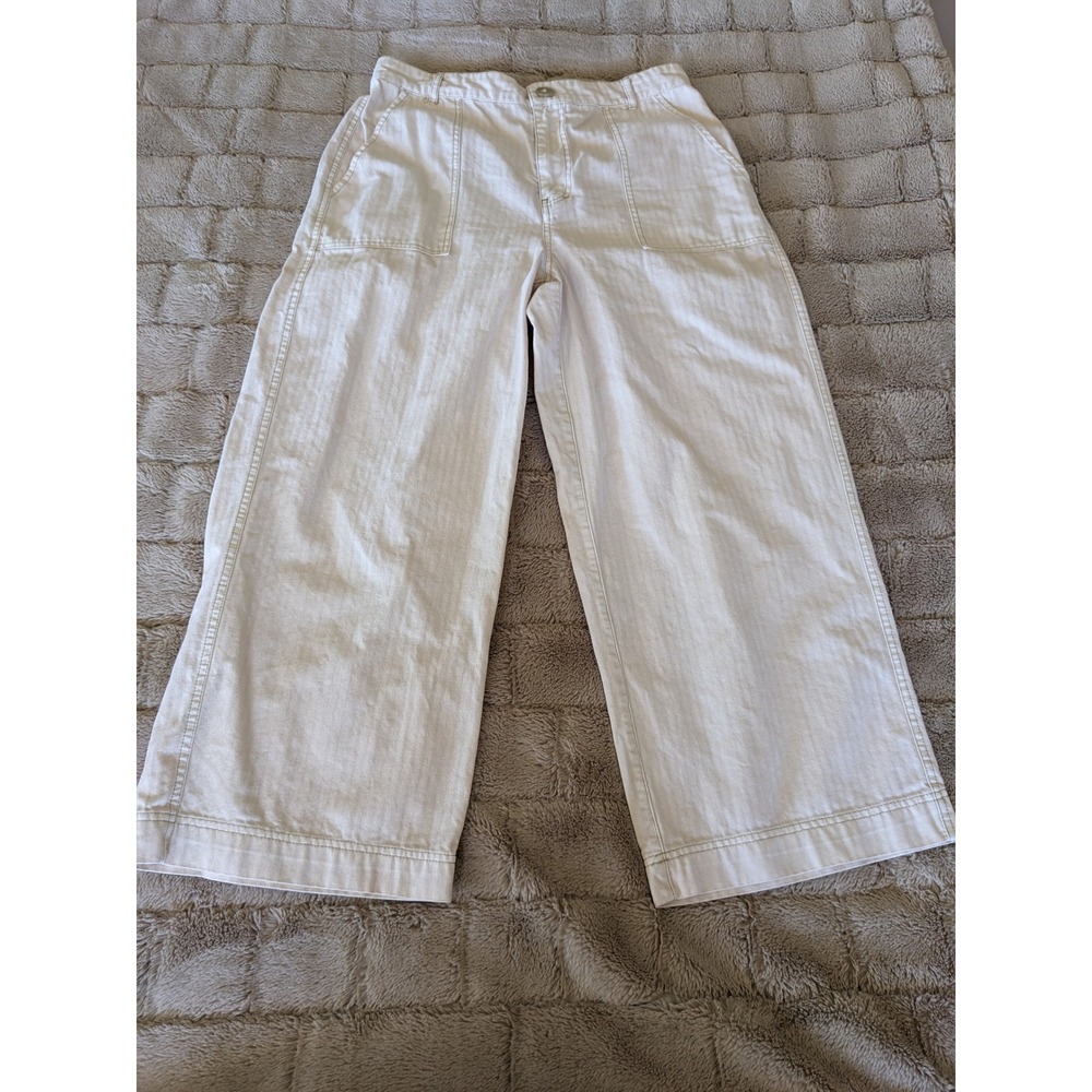 Free People Cream Herringbone Striped Wide Leg Utility Crop Pants Size 12